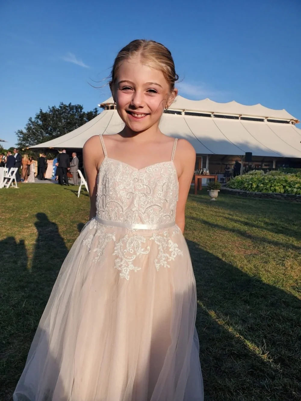 David's Bridal ivory floral appliqué spaghetti strap flower girl dress 🤍 - Picture 4 of 5